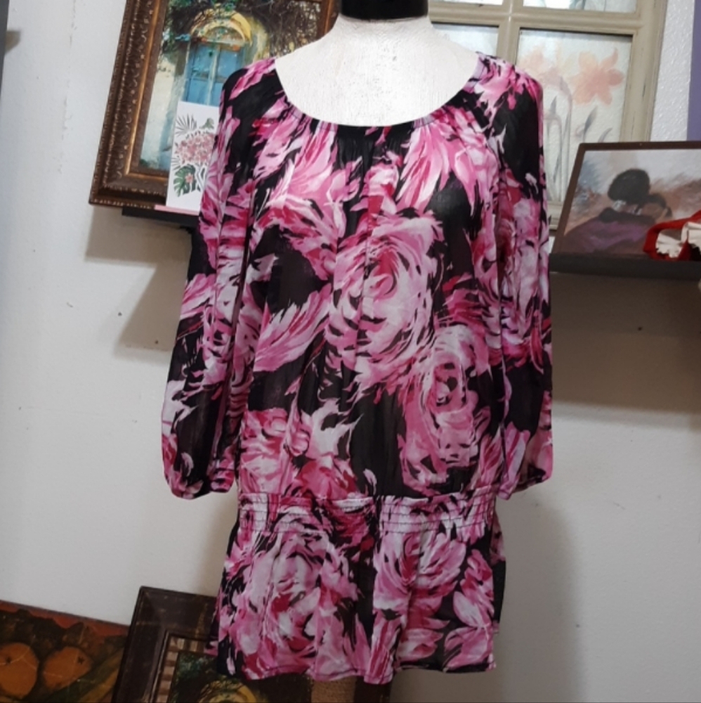 Womens Blouse Plus 1x  pink n black swirl floral sheer mid sleeve top elastic - Picture 4 of 5
